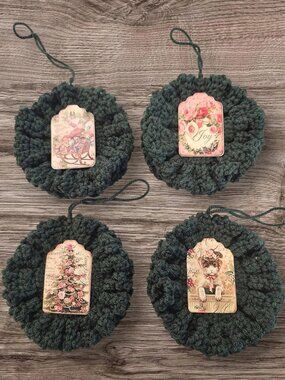 Crochet Christmas Wreath Ornaments with Vintage Tags  Handmade Tree Decor 4